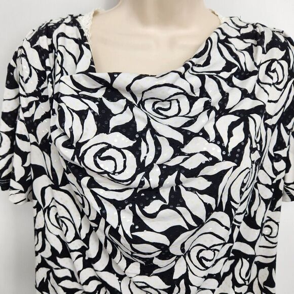 MSK Pullover Top Women's Size XL Blk & White Floral Short Sleeve Draped Neck - Picture 4 of 9